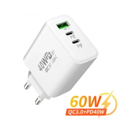 60W Fast USB Charger with Three Ports for USB C Devices