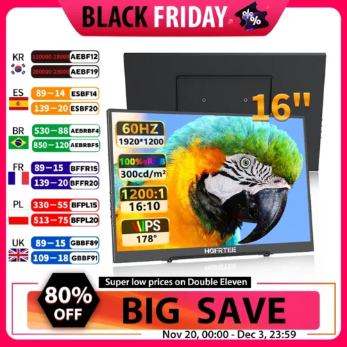 HGFRTEE 16-Inch Portable FHD Monitor - 100% sRGB, Eye Care, VESA Compatible External Screen for PC and Mac