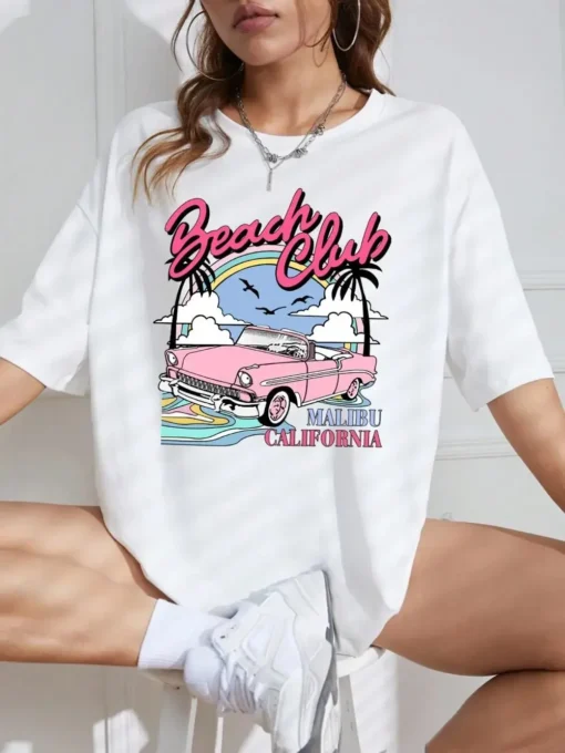 Oversized Summer T-shirt with Beach Club Print for Women Short Sleeve Comfortable Streetwear - Image 2