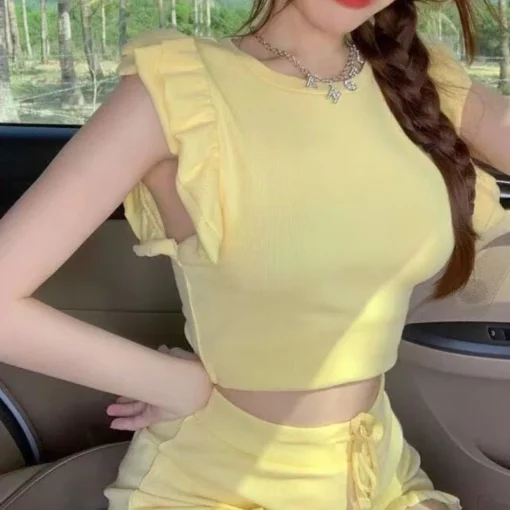 Two Piece Set for Women with Ruffles and Drawstring Shorts in Korean Style - Image 6