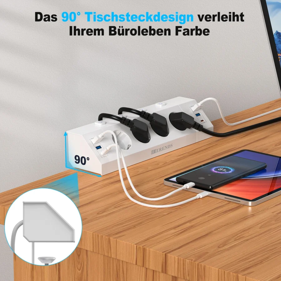 Eu Multi-plug power strip with desktop clamping device pull ring plug 4 USB-A and 2 USB-C ports single-control switch 2 m cable - Image 3