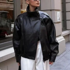 Faux Leather Jacket with Zipper Closure, Loose Fit and Stand Collar for Women, Long Sleeve Autumn/Winter Wear