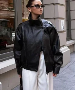 TFMLN Women's Faux Leather Jacket - Loose Fit, Stand Collar, Long Sleeve, Zipper Closure, Autumn/Winter Outwear