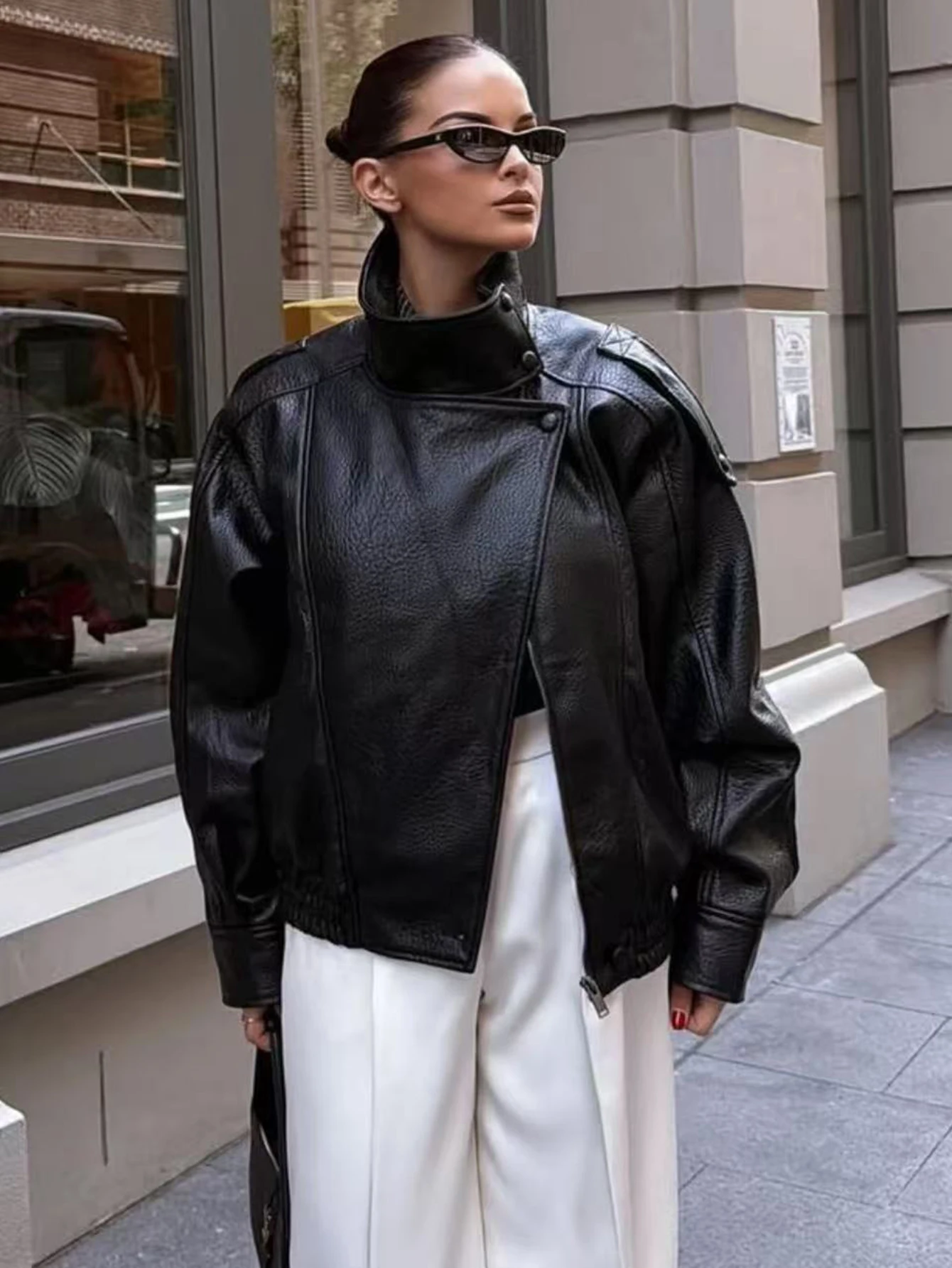 TFMLN Women's Faux Leather Jacket - Loose Fit, Stand Collar, Long Sleeve, Zipper Closure, Autumn/Winter Outwear