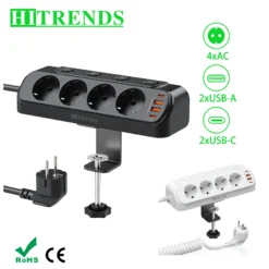 EU Plug Desktop Power Strip with Individual Switch, 4 AC Outlets and 2 USB Ports, 2m Extension Cord