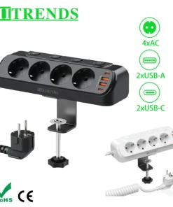 EU Plug Desktop Power Socket Power Strip with Individual switch, 4 AC Outlet USB Socket Multiprise Plug with 2m Extension Cord