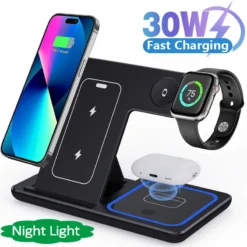 3-in-1 Wireless Charger Stand with 30W Fast Charging for iPhone, Apple Watch, and AirPods