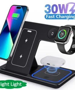 30W Fast Wireless Charger Stand 3-in-1 for iPhone, Apple Watch, and AirPods