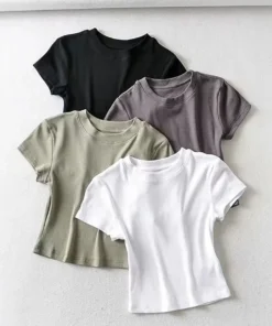 Summer Sexy Women O-neck Short-sleeve T-shirt Slim Elastic Skinny Crop Tops