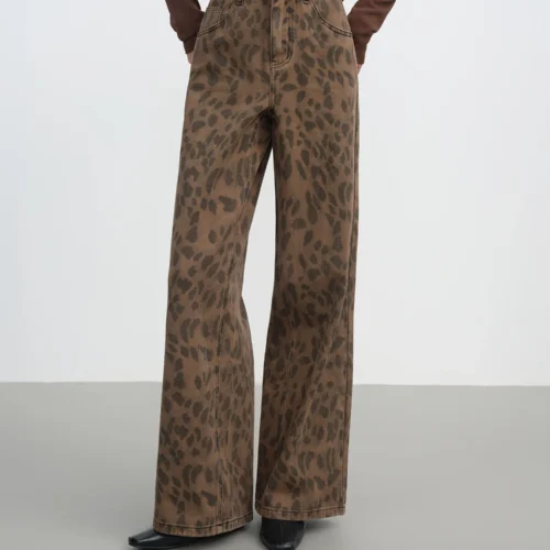 FSLE Women's High Waist Brown Straight Leg Jeans - Cotton Washed Denim, Tummy Control, Slim Fit