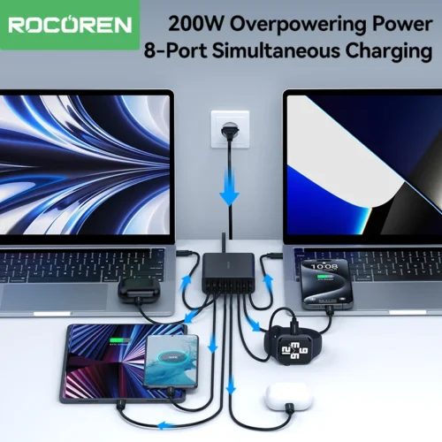 Alternative view of Rocoren 200W Multiple 8 Ports USB Type C High Speed Charger Desktop PD Fast Charging Power Station For iPhone 15 Pro Max Samsung