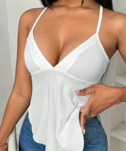 Alternative view of Sexy White Crop Cami Top Women Summer Elegant Irregular Folds Straps Clothes Ruched Backless Tee T Shirt Casual V Neck Sexy Tank