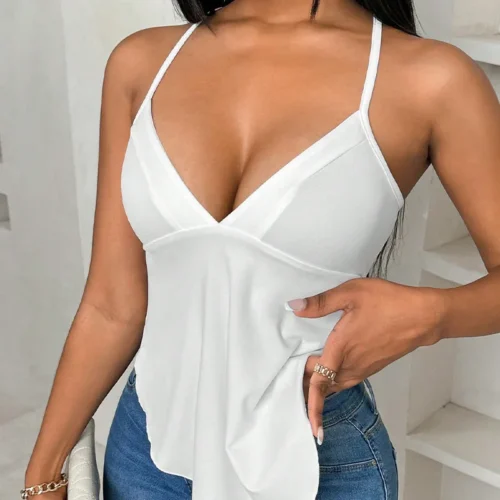 Alternative view of Sexy White Crop Cami Top Women Summer Elegant Irregular Folds Straps Clothes Ruched Backless Tee T Shirt Casual V Neck Sexy Tank