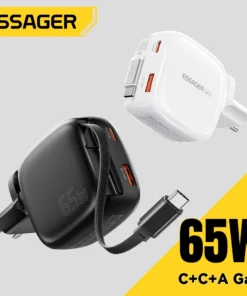 Alternative view of Essager 65W GaN Pro Charger With Retractable Type C Cable for Huawei Xiaomi 3 in 1 Fast Travel Charger For iPhone 17 16 MakBook