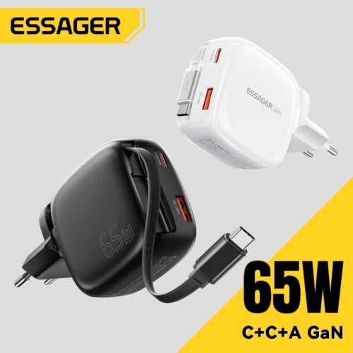 Alternative view of Essager 65W GaN Pro Charger With Retractable Type C Cable for Huawei Xiaomi 3 in 1 Fast Travel Charger For iPhone 17 16 MakBook