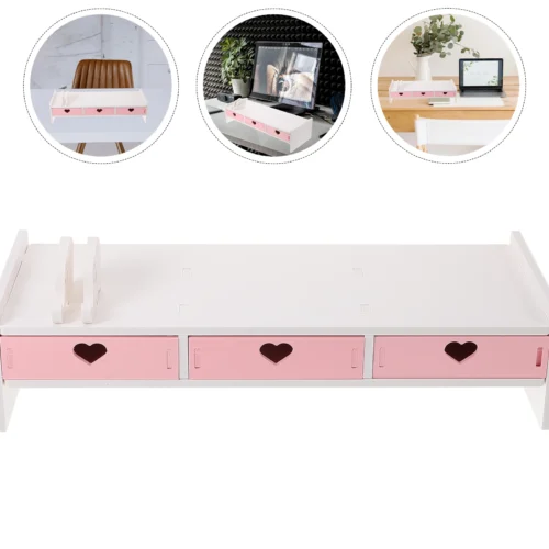 Alternative view of White Pink Computer Heightened Shelf Stand Lapdesk with Drawer Computer Desktop Organizer Office Riser Monitor Bracket Stand