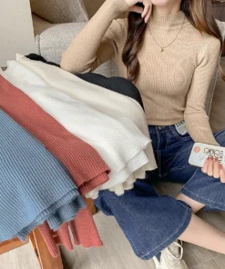 Alternative view of Autumn Winter Mock Neck Women Sweater Vintage Basic Solid Knitted Tops Casual Slim Pullover Korean Sweaters Simple Chic Jumpers