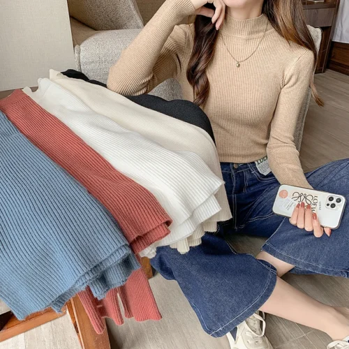Alternative view of Autumn Winter Mock Neck Women Sweater Vintage Basic Solid Knitted Tops Casual Slim Pullover Korean Sweaters Simple Chic Jumpers