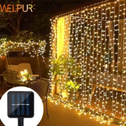 LED Outdoor Solar Curtain Lights with 300 Waterproof Fairy Lights for Yard Decoration