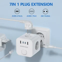 Alternative view of Wall Socket Extender with Switch and 3 Outlets, 2 USB A and 2 Type C Ports for Travel