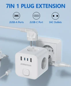 Alternative view of Wall Socket Extender with Switch 3 Outlets 2 USB A and 2 Type C Port Portable Cube Socket Power Strip Adapter Charger For Travel