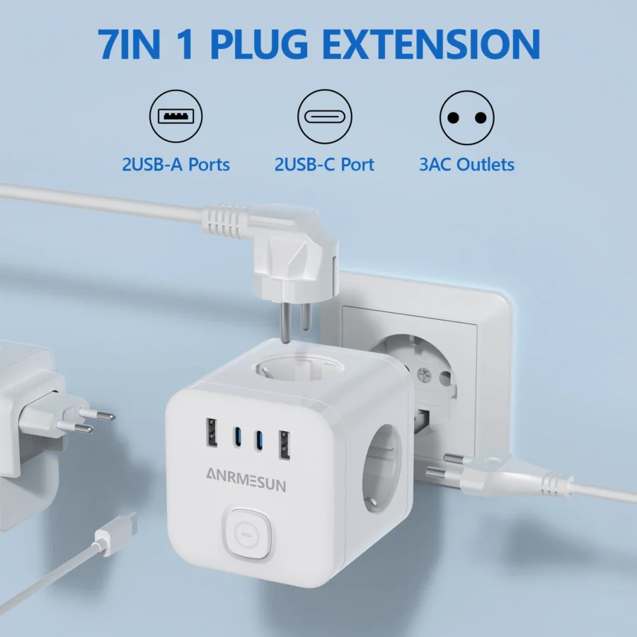 Wall Socket Extender with Switch 3 Outlets 2 USB A and 2 Type C Port Portable Cube Socket Power Strip Adapter Charger For Travel - Image 2