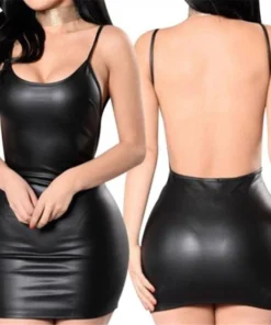 Sexy Faux Leather Dress Backless Club Party Short Dress Solid Black Wet Look Latex Bodycon Push Up Bra Mini Micro Dress