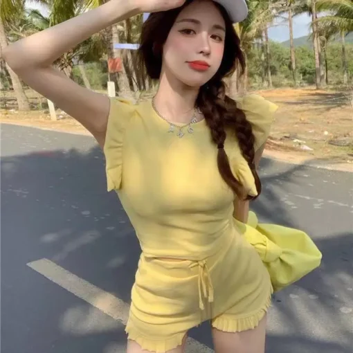 Two Piece Set for Women with Ruffles and Drawstring Shorts in Korean Style - Image 5