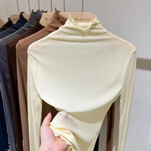 Sheer Mesh Long Sleeve Turtleneck Top with Lace Details for Women - Image 6