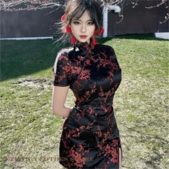 Jacquard Flower Qipao Dress for Women - Elegant Short Sleeve Mini Cheongsam