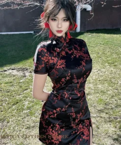 Elegant Jacquard Flower Qipao Dress for Women - Short Sleeve Mini Cheongsam