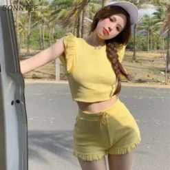 Two Piece Set for Women with Ruffles and Drawstring Shorts in Korean Style