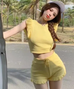 Two Pieces Sets Women Ruffles Summer Crop Tops Drawstring Shorts Korean Style College Hotsweet Slim Fashion Chic Flying Sleeve