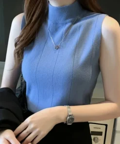 Korean Fashion Ladies Tops Spring New Summer Women Tops Casual Clothes Sleeveless Solid Women Blouse Knit Elastic Blusas