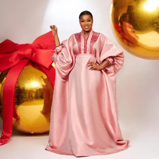 V-Neck Rhinestone Turkey Dress for Women - Elegant African Church Boubou Style - Image 3