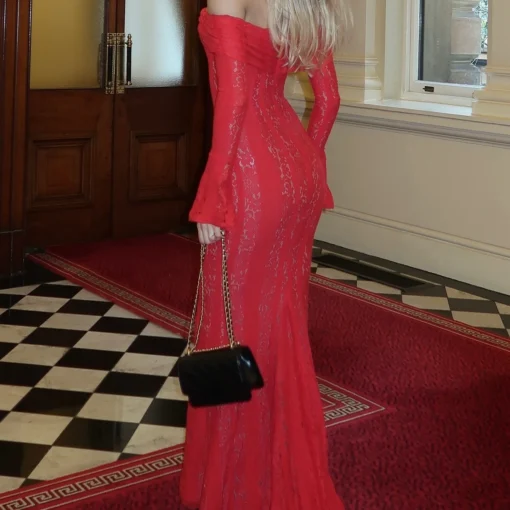 Off the Shoulder Lace Wedding Guest Dress with Flare Sleeves in Red - Image 5