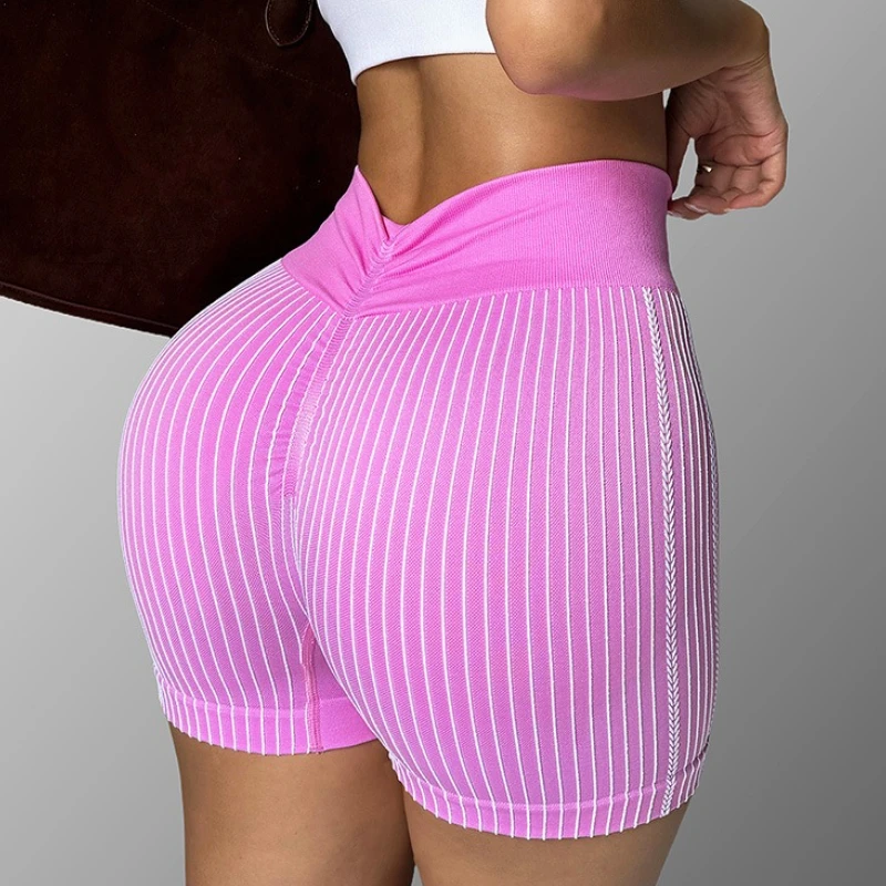 Women's Ribbed Stripes Yoga Shorts Quick Dry V Waist Shorts Gym Riding Running Leggings Outdoor Summer Fitness Fashion Shorts - Image 5