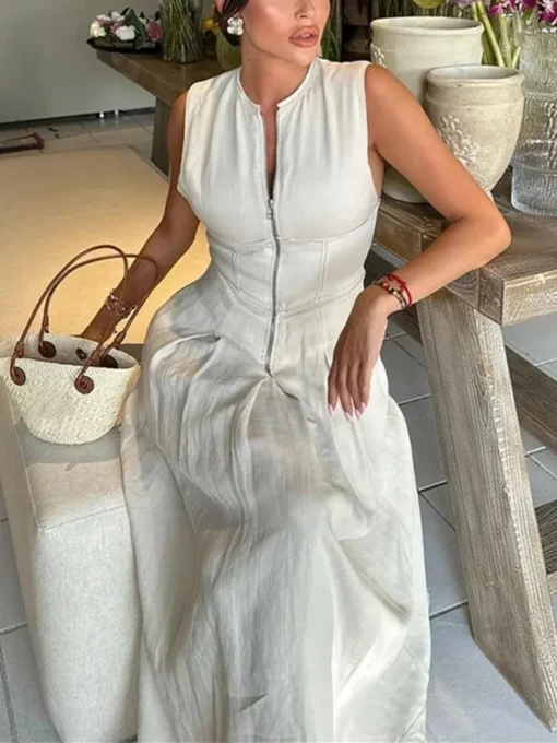 Mujer Midi Dress with Pleated Sleeveless Design for Elegant Summer Parties - Image 2