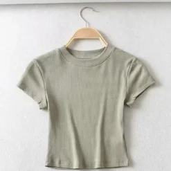 Alternative view of Short-sleeve O-neck T-shirt for women with slim elastic fit in a crop style
