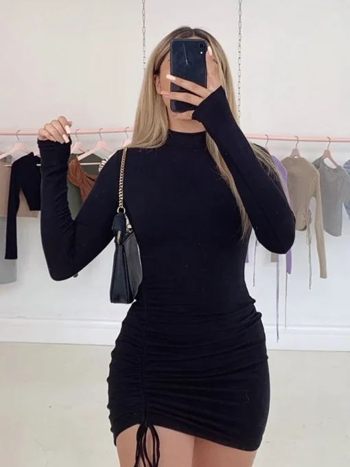 Black Turtleneck Mini Dress with Ruched Bodycon Fit for Women - Image 3