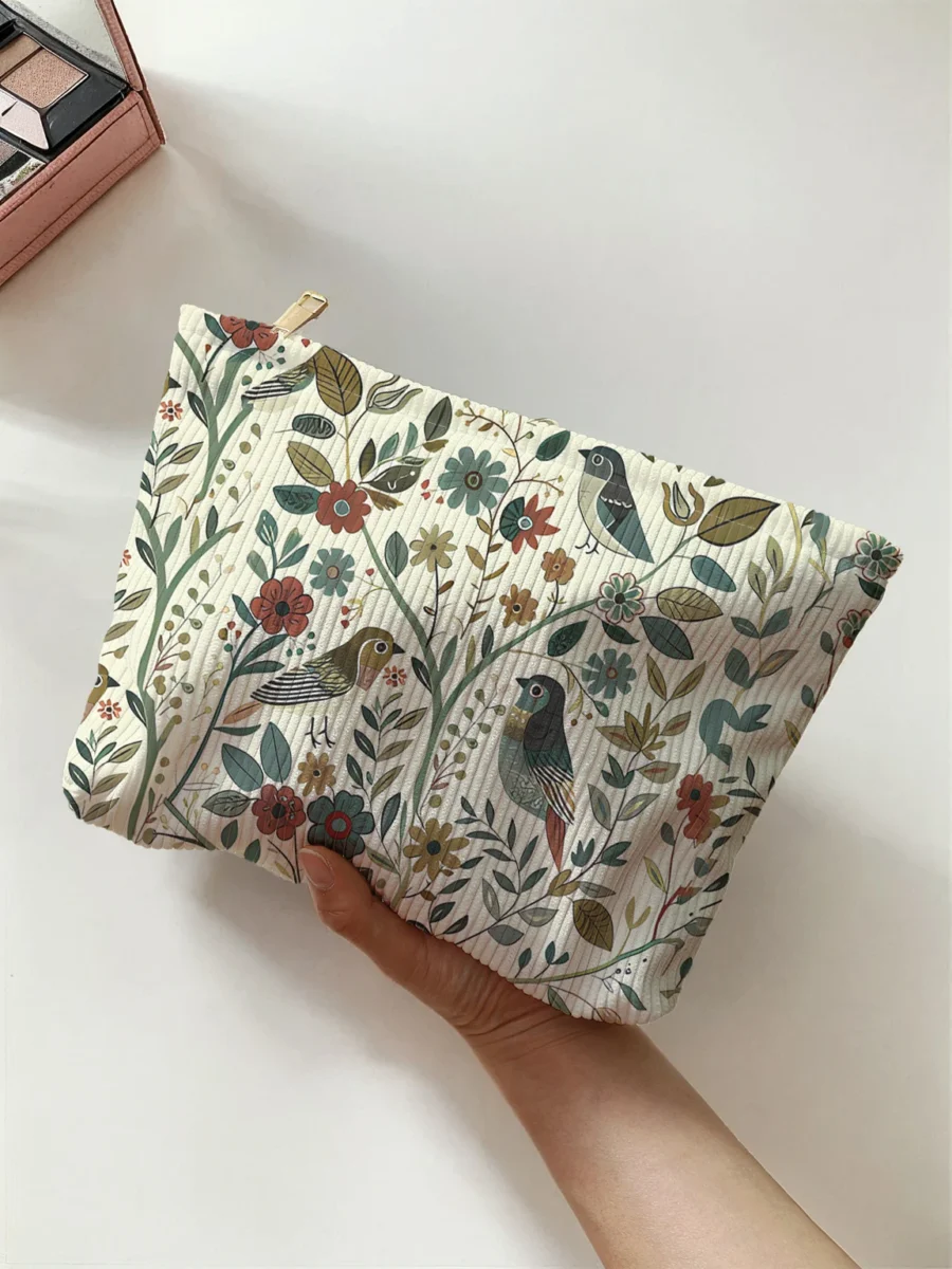 Branch Bird Pattern Corduroy Makeup Bag - Lightweight Multifunctional Cosmetic Storage - Image 2