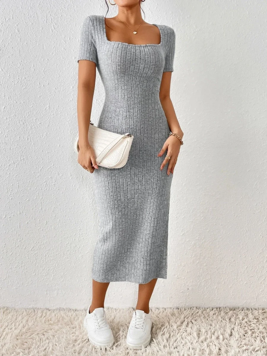 Women's Casual Short Sleeve Knitted Dress with Square Collar and Side Slit - Image 3