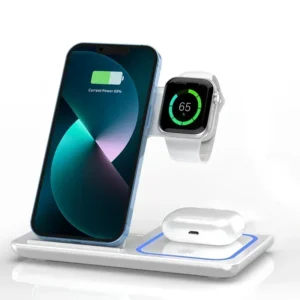 Wireless Travel Charger Stand - 3 in 1 Fast Charging Dock for iPhone, Apple Watch, and AirPods Users - White