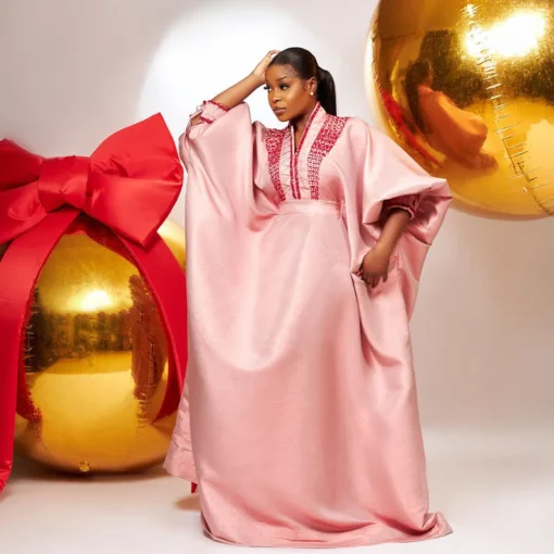 V-Neck Rhinestone Turkey Dress for Women - Elegant African Church Boubou Style - Image 4