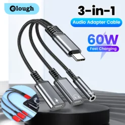 3 in 1 Fast Charge Adapter 60W for iPhone 15/16 and Samsung with Dual Type C/3.5mm Jack Audio Cable