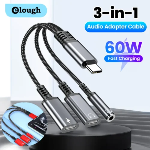 3 in 1 PD 60W Fast Charge Adapter For Iphone16 15 Samsung Type C to Dual Type C/3.5mm Jack Audio Adapter Cable Headphone Adapter