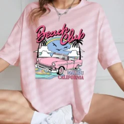 Oversized Summer T-shirt with Beach Club Print for Women Short Sleeve Comfortable Streetwear