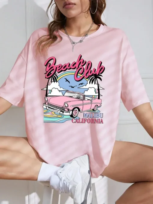 Oversized Summer T-shirt with Beach Club Print for Women Short Sleeve Comfortable Streetwear - Image 7