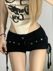 Lace-Up Skinny Shorts with Retro Style for Casual and Holiday Wear - black, S