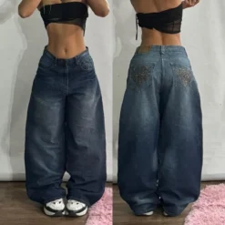 Baggy Jeans with American Geometric Pattern - Vintage Wide-Leg Pants for Women